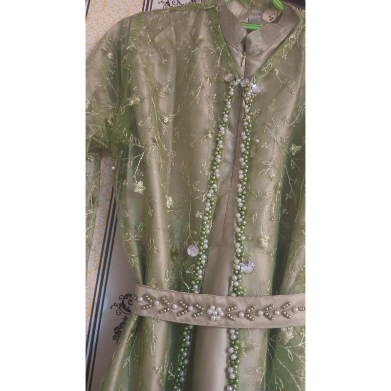 Gamis gaun pesta kondangan brukat tali sage inner outer