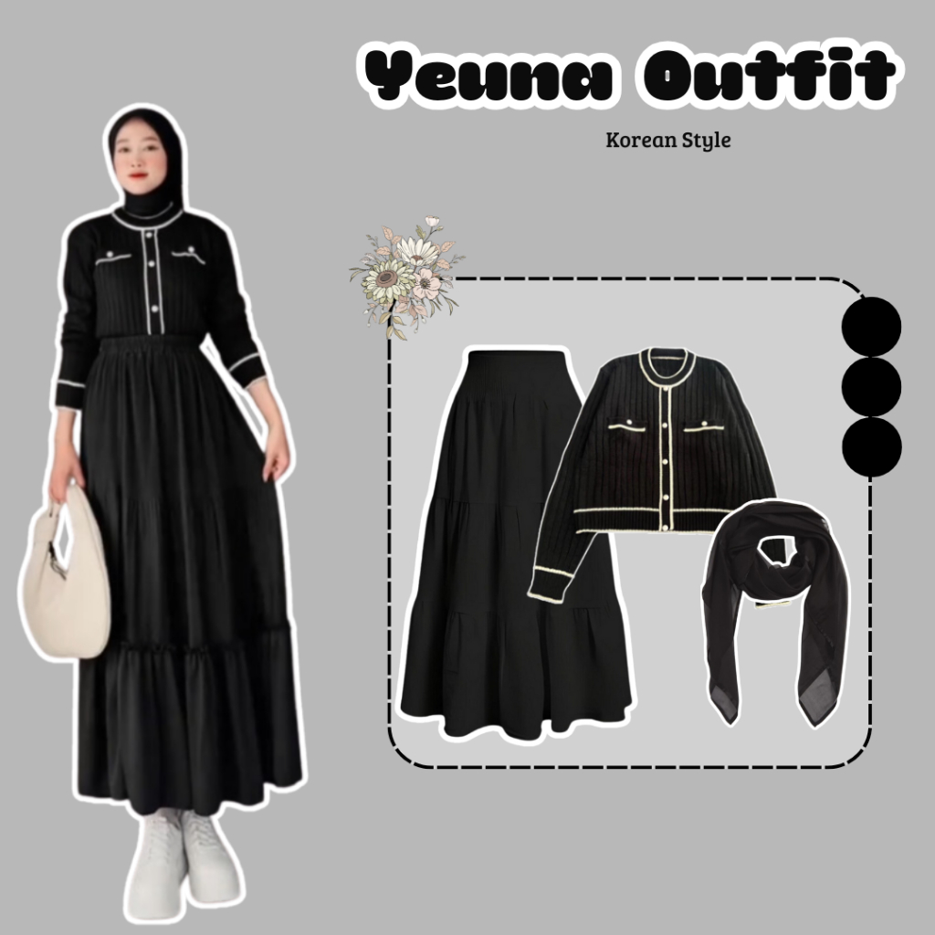 Yeuna Outfit Korean Style - Blouse Rajut Hitam + Rok Susun Hitam + Hijab Hitam - Muslim, Wanita