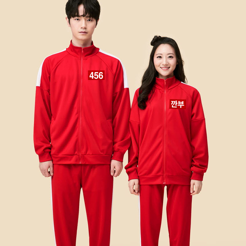 JAKET SQUID GAME JAKET GAME KOREA OVERSIZE BISA CUSTOM NOMER SUID GAMES JACKET WARNA MERAH PUTIH