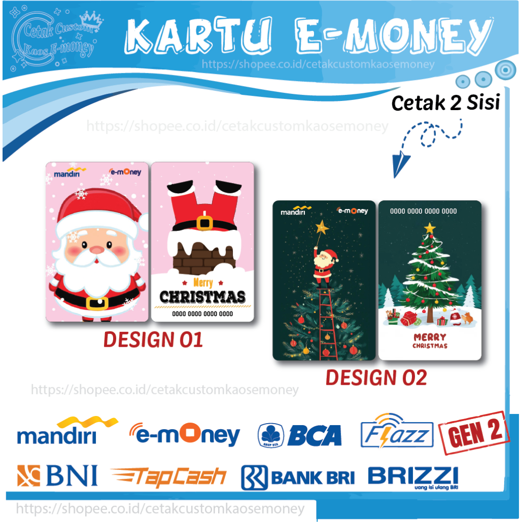 KARTU E MONEY E TOLL KARTUN KUMPULAN MERRY CRISTMAN NATAL MANDIRI EMONEY BNI BRI BCA - 2 SISI