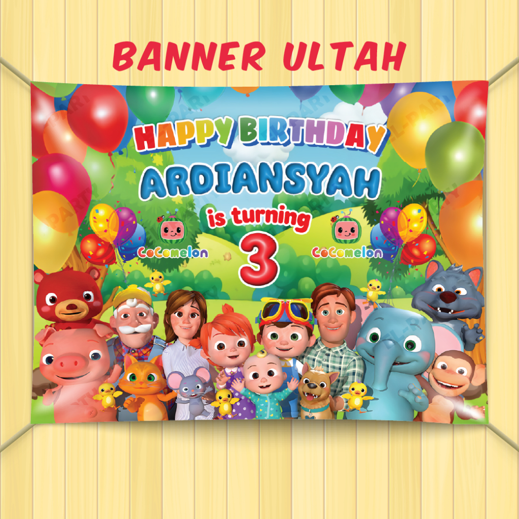Banner Ulang Tahun Cocomelon Spanduk Custom Nama Dekorasi Pesta Ultah Anak Backdrop Birthday Jumbo