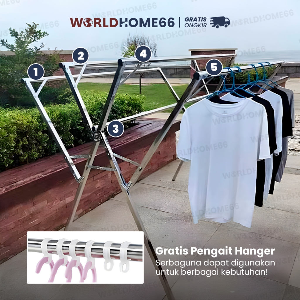 Worldhome Jemuran Lipat JUMBO Jemuran Pakaian Portable 5 Tiang Gantungan Baju Outdoor Besi Kokoh