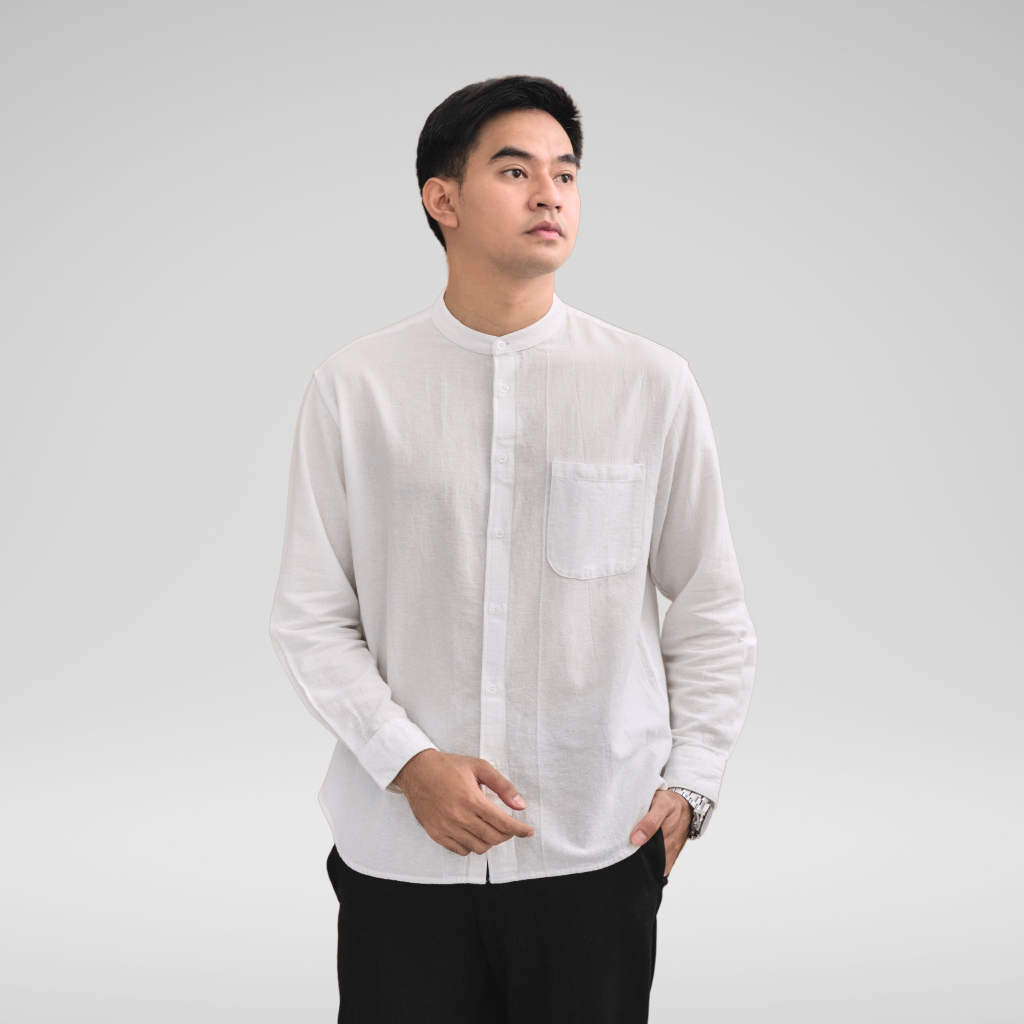 BAHAN PREMIUM / DIVSOUTH Kemeja Linen Putih Kemeja Panjang Pria Kerah Sanghai Koko Collarless Casual