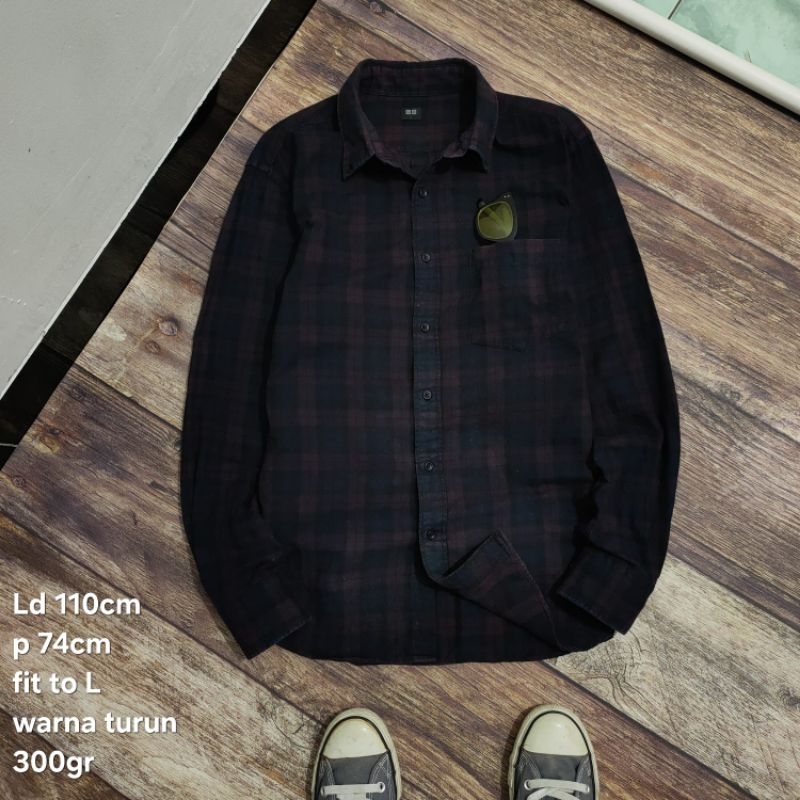 FL10 kemeja lengan panjang flanel Unqlo size L cowok pria flannel kotak tartan casual vintage plaid 