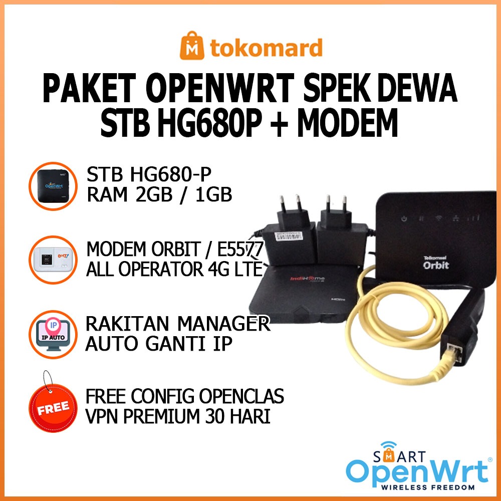 Paket STB OpenWrt Siap Pakai STB HG680P RAM 2GB + Modem 4G LTE Spek Dewa Free VPN Premium 30 hari