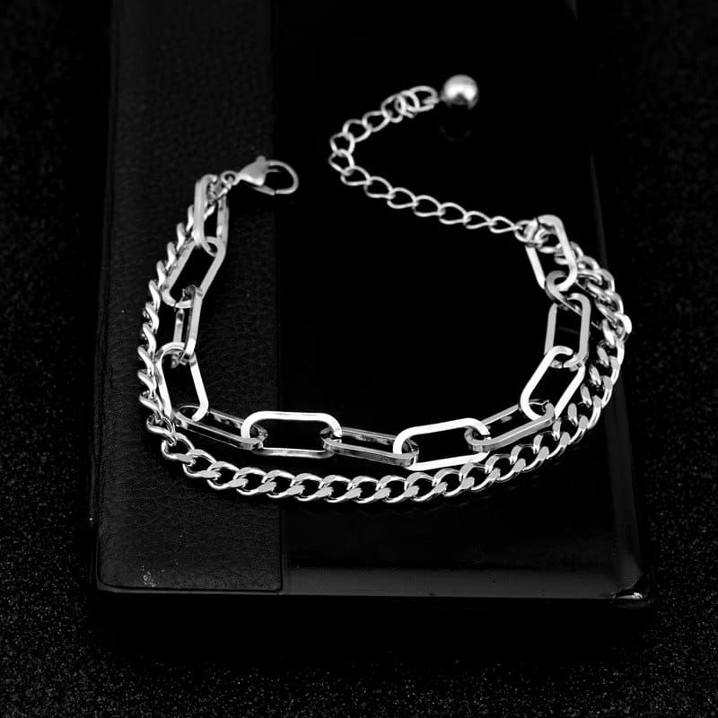 Gelang Rantai Pria Gelang Pria Wanita Rantai Dua Lapis perak gaya retro
