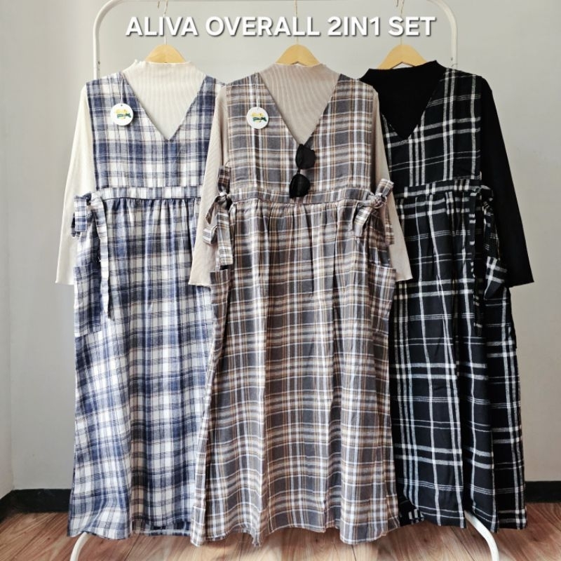 ARDELITA FASHION HIJAB - ALIVA OVERALL SET 2IN1 TARTAN V NECK KOMBI MANSET KOREA