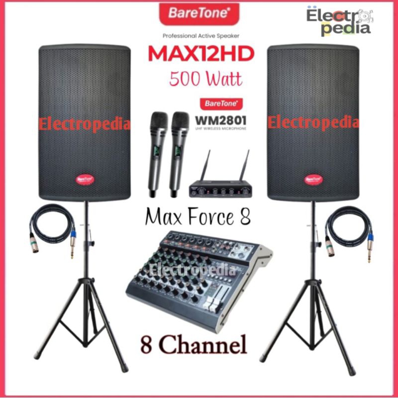 Paket Sound System Speaker Aktif 12inch Baretone 12HD Mixer 8ch Baretone Max force 8 Mic Wireless Ba