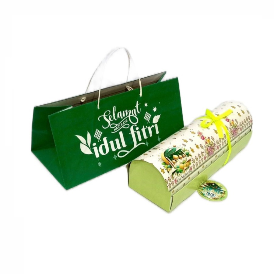 

( 10 pcs ) Paperbag Hijau Lebaran Idul Fitri Hampers Roll Cake Tas Kado Ukuran 33x15x15cm Isi 4 Toples 500gr