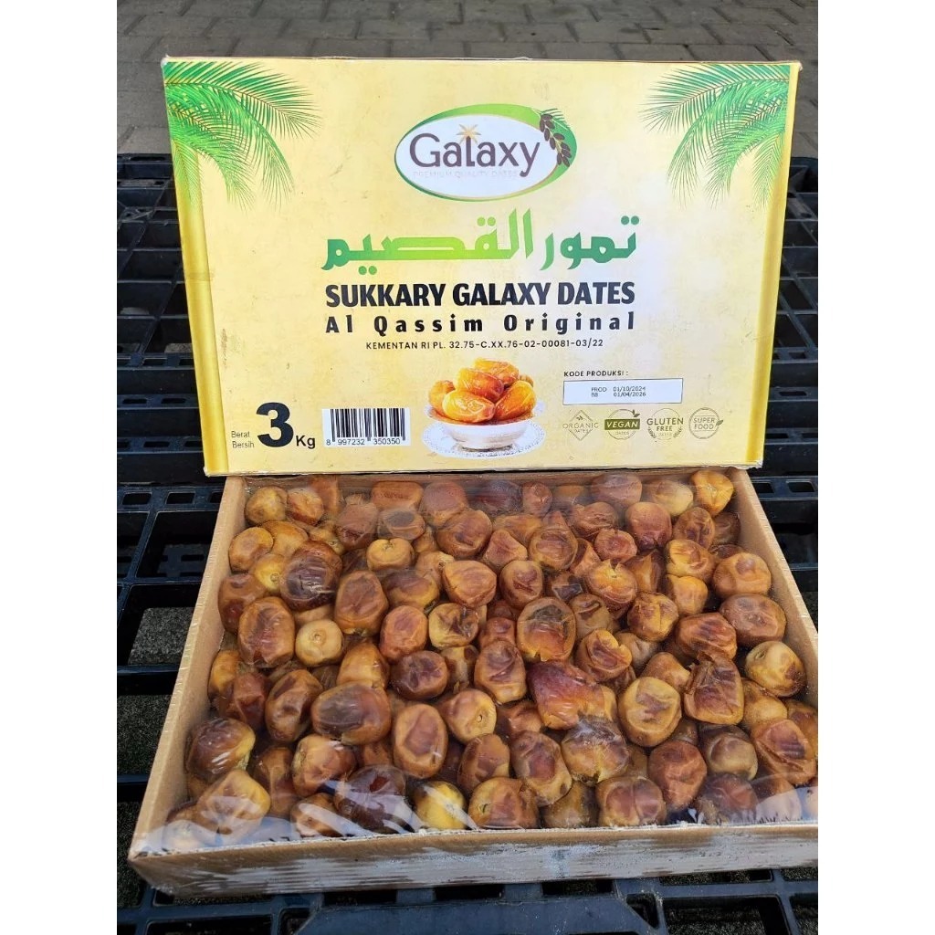 

Kurma Sukari Galaxy Premium 3Kg Grade A Al-Qassim Wraping Rapih dan Higienis