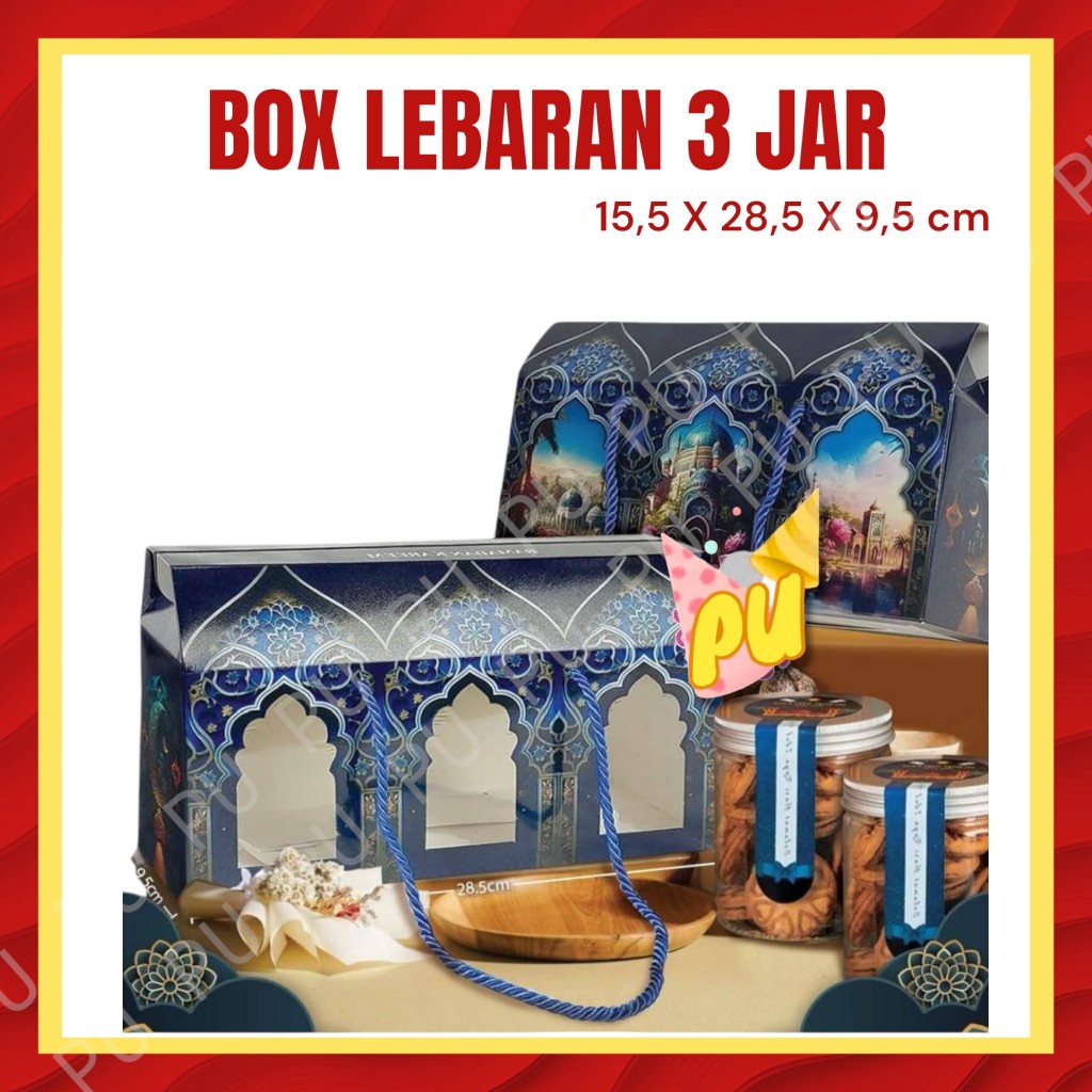 

Box Idul Fitri 3 JAR Lebaran / Kotak Kue Lebaran / Parcel Idul Fitri / Hampers Lebaran ukuran 15x28x9 cm