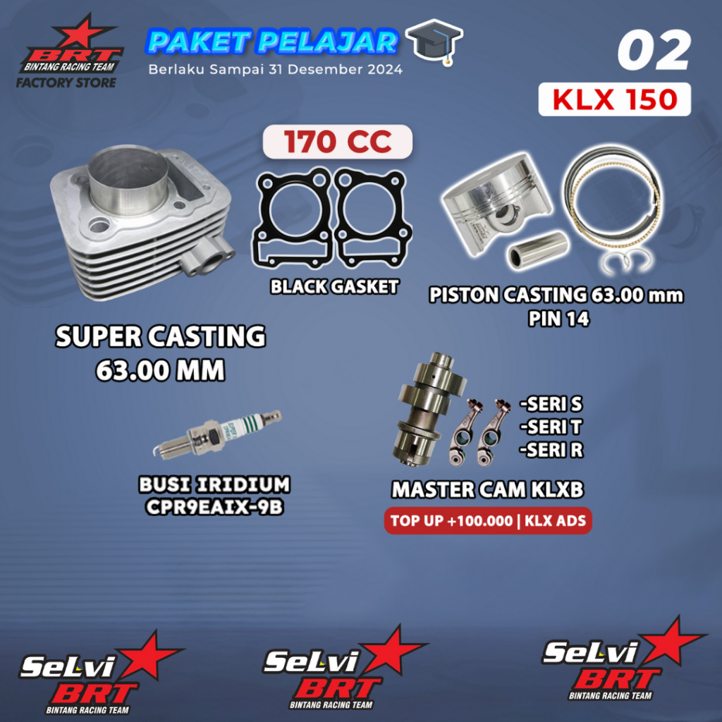 PAKET BORE UP BRT KLX 150 DTRACKER 150 BLOK SET PISTON BUSI IRIDIUM MASTER CAM NOKEN AS BOREUP