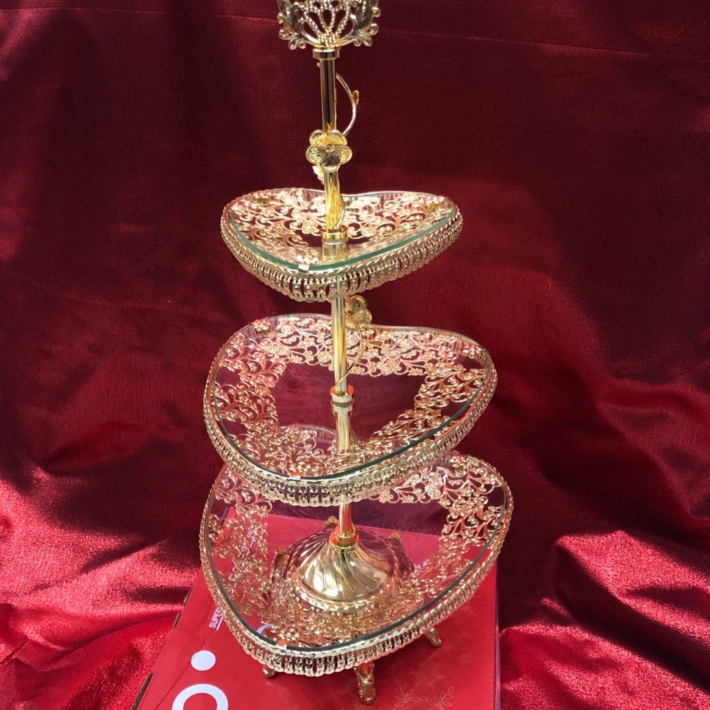 Tempat Kue Susun 3 Hiasan Kaca Love 324-3 / 3 Cake Tier Stand Love / Stand Kue Emas Arab Lebaran Sul
