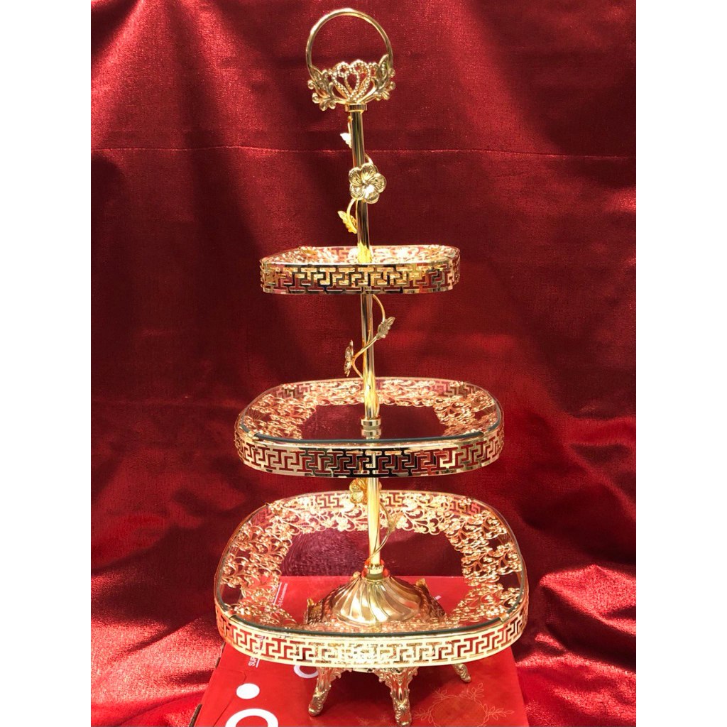 Tempat Kue Susun 3 Hiasan Kaca Segi 320-3 / 3 Cake Tier Stand / Stand Kue Emas Arab Lebaran Sultan