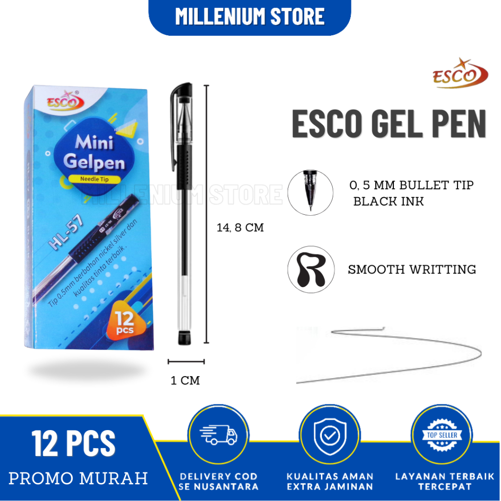

Pulpen Gel / Ballpoint / Gelpen Esco HlL 57 isi 12 pcs Tinta Hitam / Pulpen Gel 0.5 MM / Pulpen Murah / Pulpen Sekolah / Pulpen Tinta hitam / Cod / Duta Gemilang