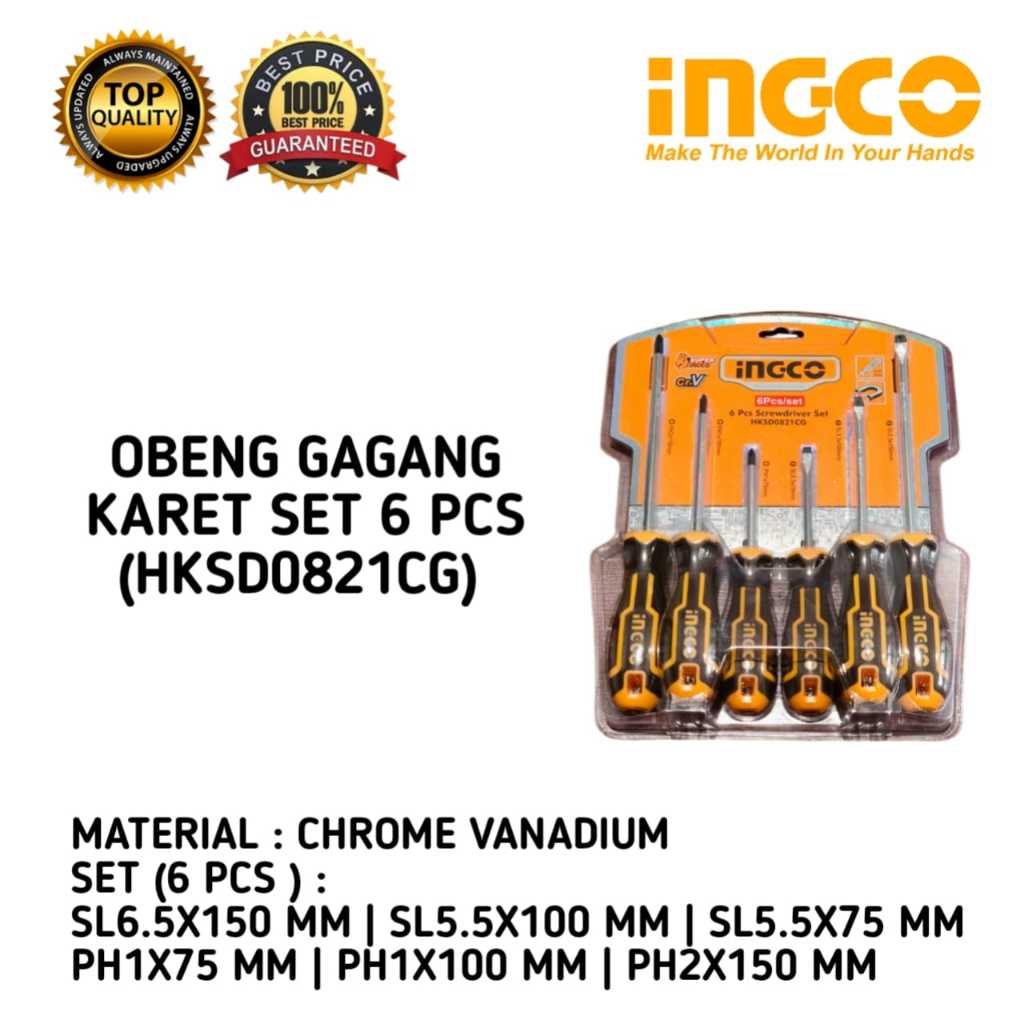 Obeng SET Gagang Karet INGCO + - SCREWDRIVER SET 6PCS INGCO OBENG GAGANG KARET SCREWDRIVER SET 6 PCS