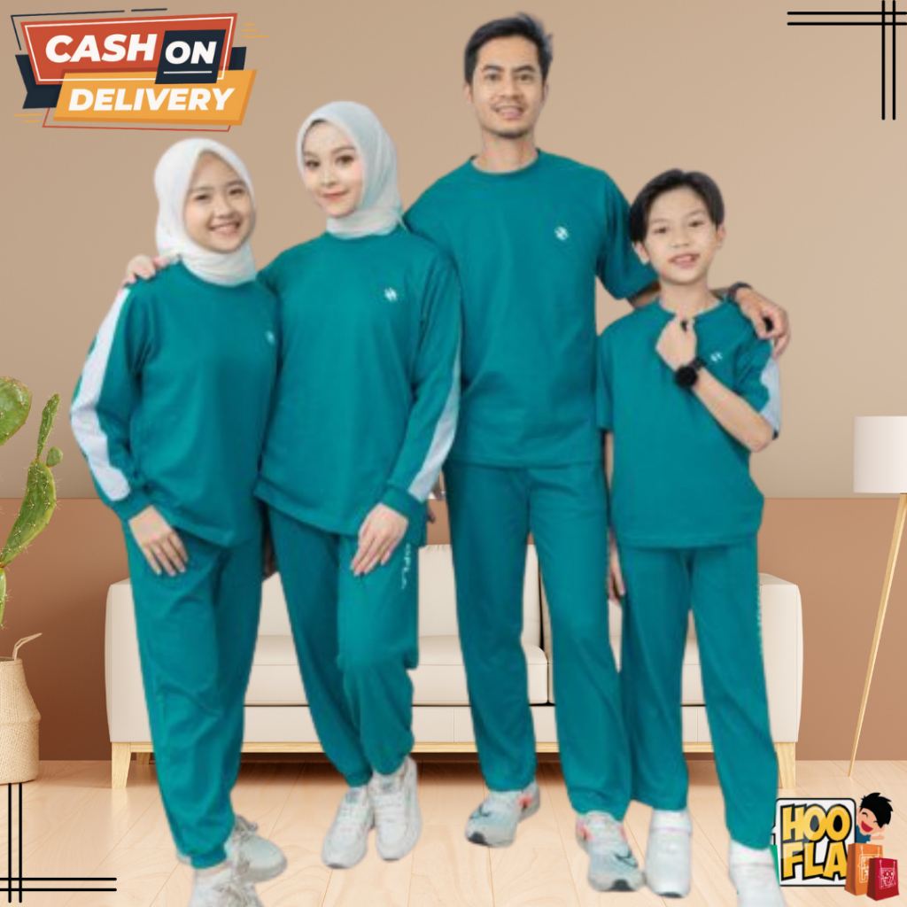 Setelan Baju Olahraga Senam Joging Wanita Pria Anak Muslim Terbaru Sporty Fam Set Tropical Teal