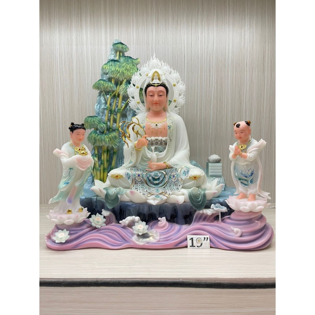 patung dewi kwan im / kwan in / guan yin - marmer - bambu - duduk - 19 inch - set - l25