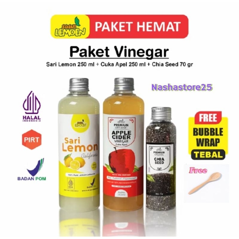 

PAKET DIET EKONOMIS || CUKA APEL 250 ML SARI LEMON 250 ML PLUS CHIASEED 70 GR || BY SUUR LEMOEN ID