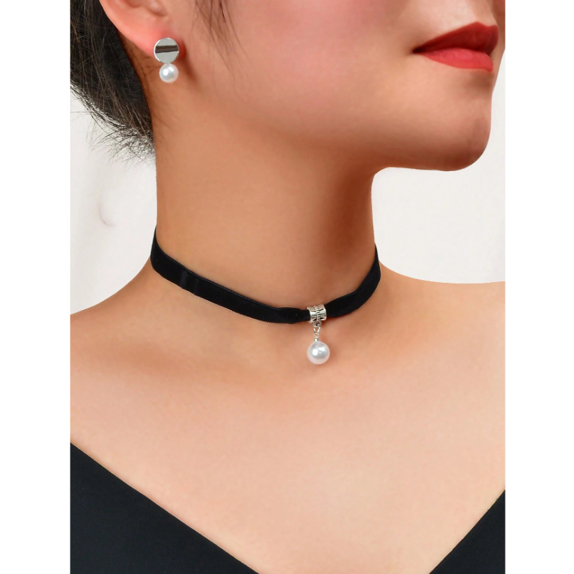 Black Tattoo Velvet Choker Necklace Faux Pearl Decor Silver Stud
