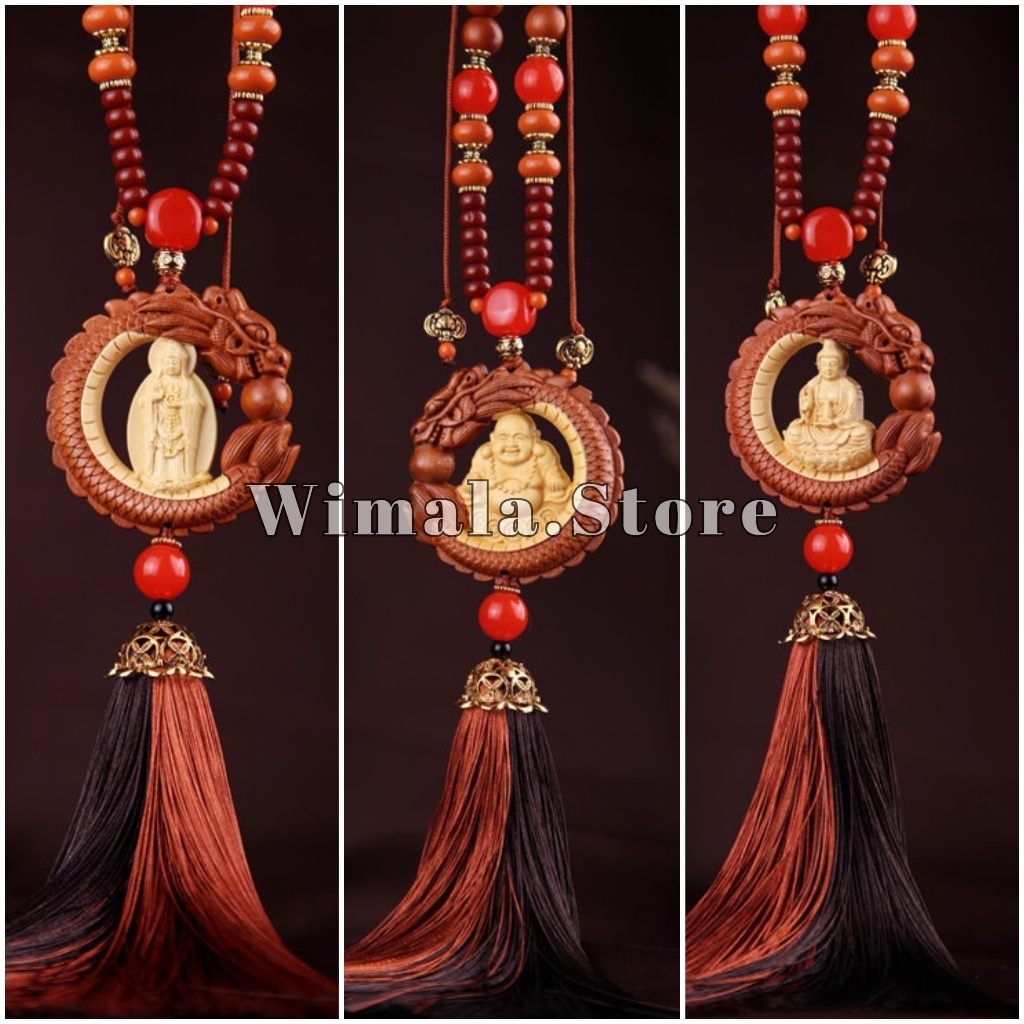 Gantungan Spion Mobil Kayu Dragon Kwan Im Maitreya Aksesoris Mobil / Rumah Car Pendant Feng Shui