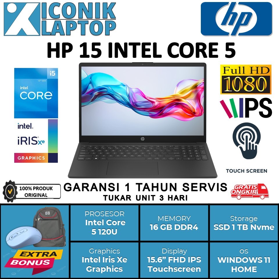 Laptop Baru Touchscreen HP 15 Intel Core 5 120U Ram 16 GB Ssd 1 TB Nvme Layar 15" Full HD IPS Touch