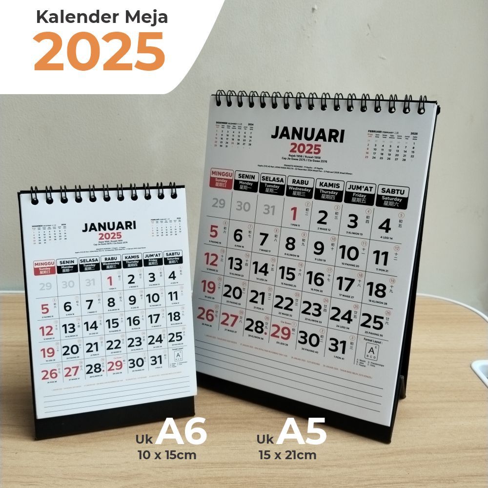 

kalender meja 2025,bisa dicoret coret dan dilengkapi kalender jawa ,kalender china ukuran A6 A5 A4