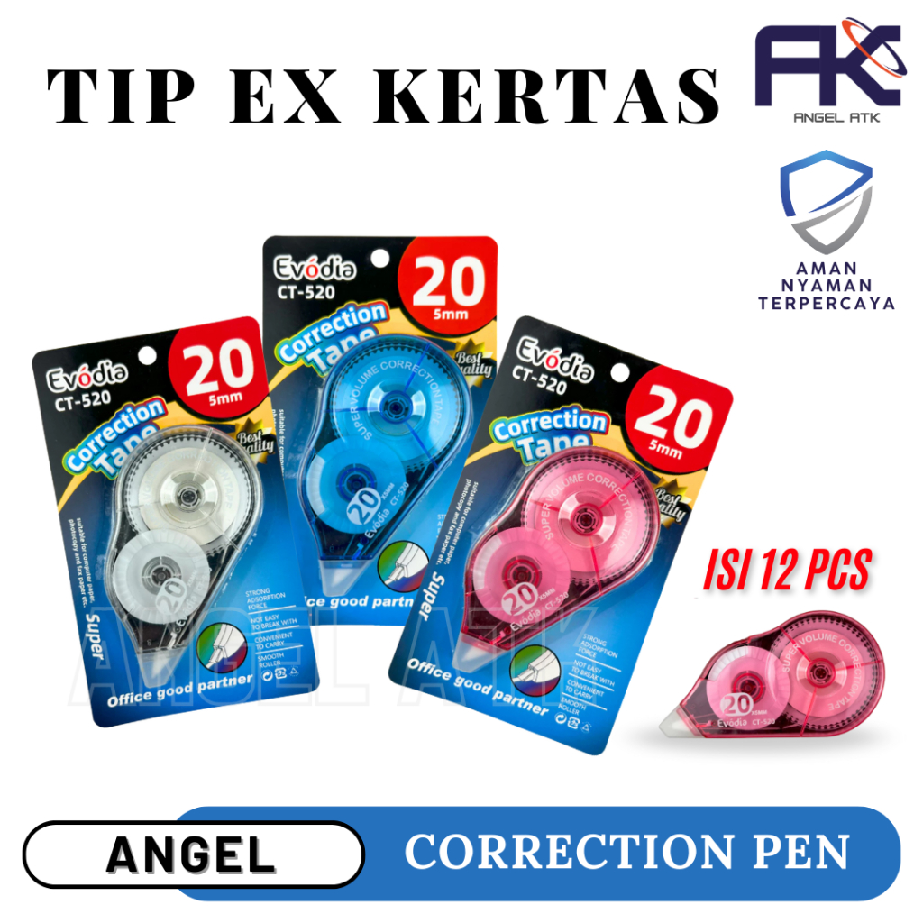 

Tip Ex Evodia ( CT-520 ) / 1 Lusin Isi 12 Pcs / Pita Koreksi 20 Meter / Kertas Tidak Mudah Sobek / Pita Koreksi Correction Tape / COD / Atk Blessing