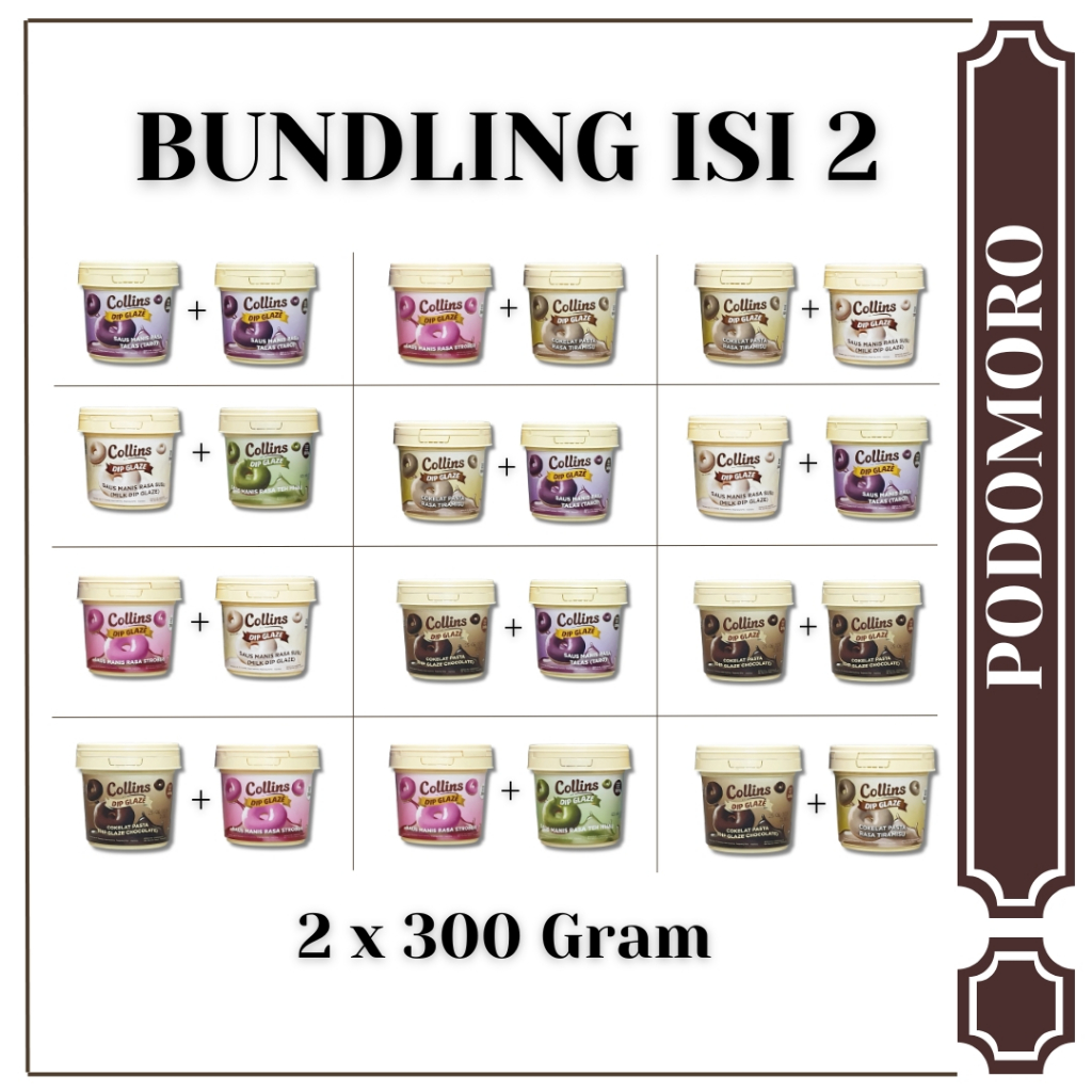 

PAKET BUNDLING ISI 2 Selai Collins Dip Glaze 300 gr All Varian Rasa Cokelat, Tiramisu, Strawberry