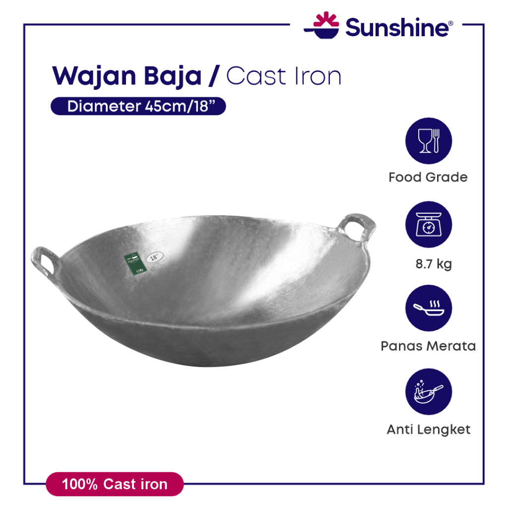 Wajan baja cor 18” (45cm) tebal anti lengket / kuali besi cor/ Wok cast iron / wajan penggorengan
