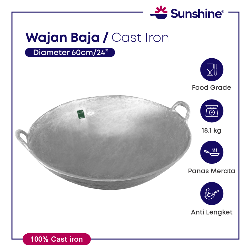 Wajan baja cor 24” (60cm) tebal anti lengket / kuali besi cor/ Wok cast iron / wajan penggorengan