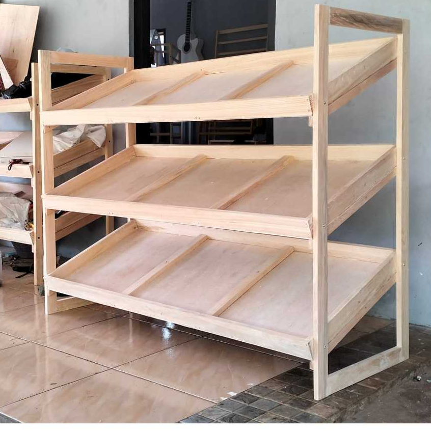 Rak Sayur Buah 3 Susun Kayu Jati Belanda Oven, 120x50x100 cm, Alas Triplek 3 mm