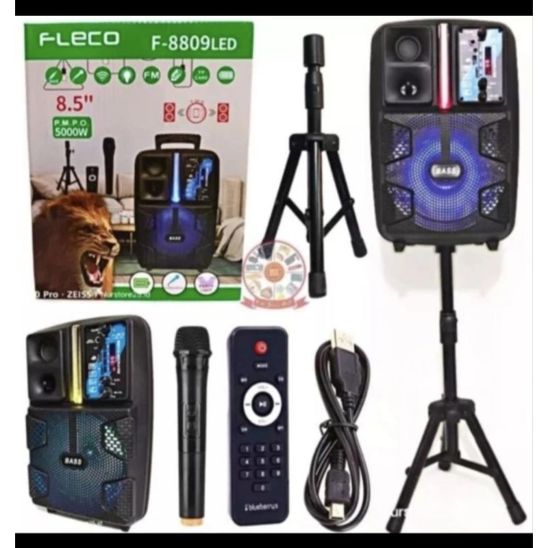 speaker bluetooth karoke 8.5" fleco f 8809 + stand + mic wireless