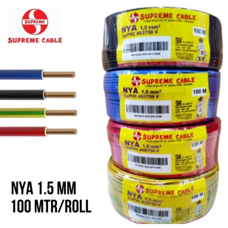 Kabel NYA Supreme Kawat Tembaga NYA 1.5MM 1.5MM Supreme Original Warna Merah/ Hitam/ Kuning Hijau/ B