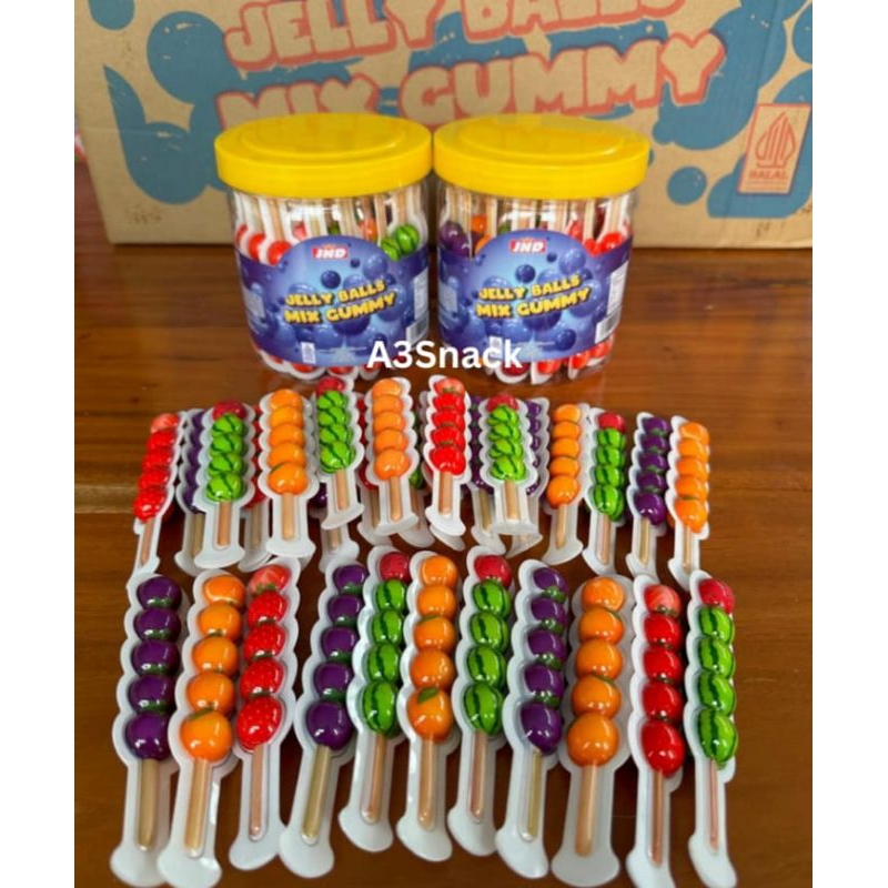 

Permen lunak sate jelly balls mix gummy rasa buah buahan 1 toples isi 30 pcs.