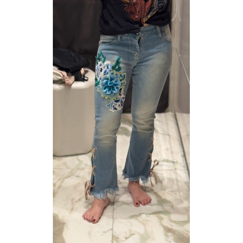 Flare Jeans Floral Embroidery with Lace Up Details - Preloved Denim