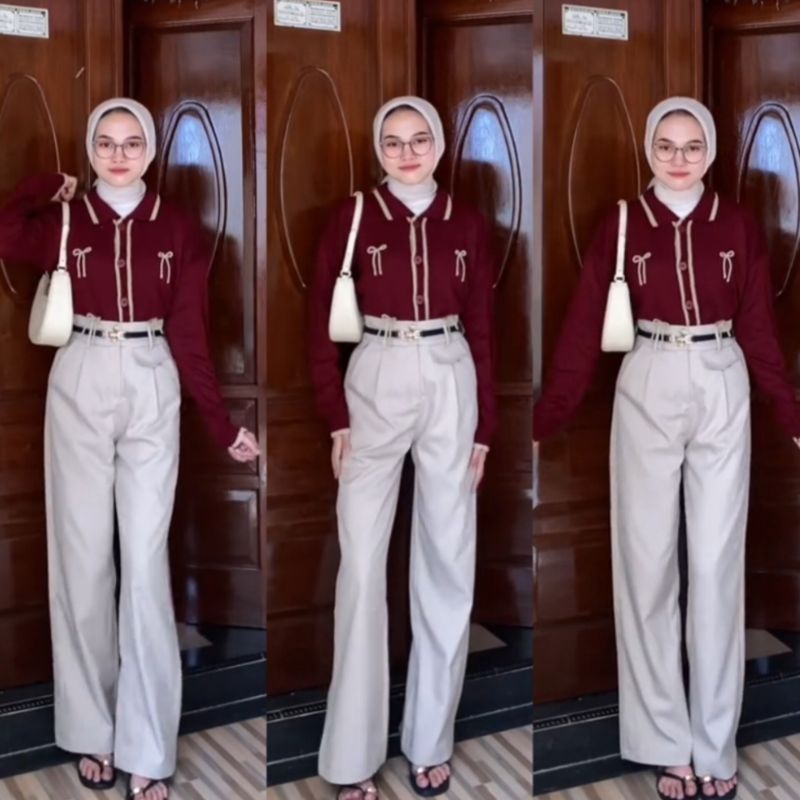 One Set Wanita / Cardigan Rajut Pita + Oro Pants Haighwaist / Setelan Wanita / Setelan Wanita Kekini