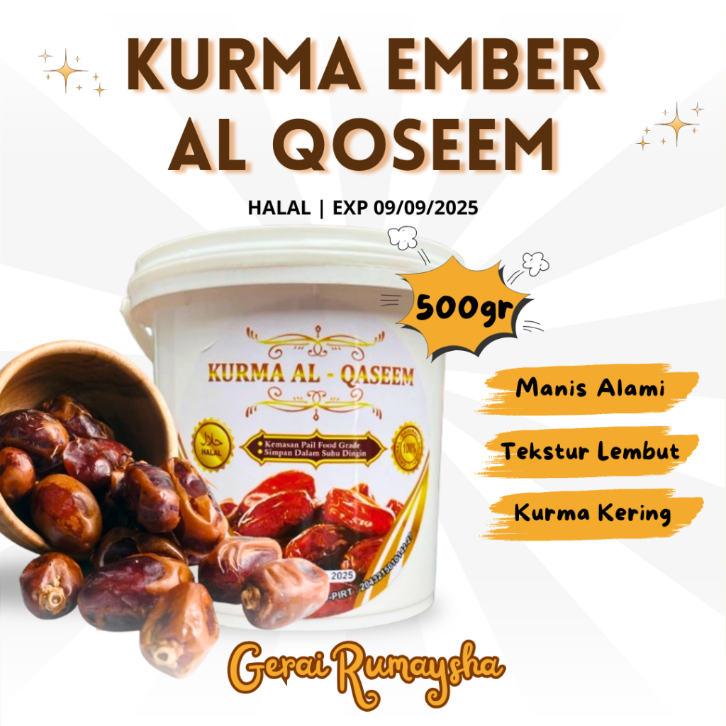 

Kurma Ember Al Qoseem 500gr Ecer Kurma Ember Manis Lembut Kurma Kering