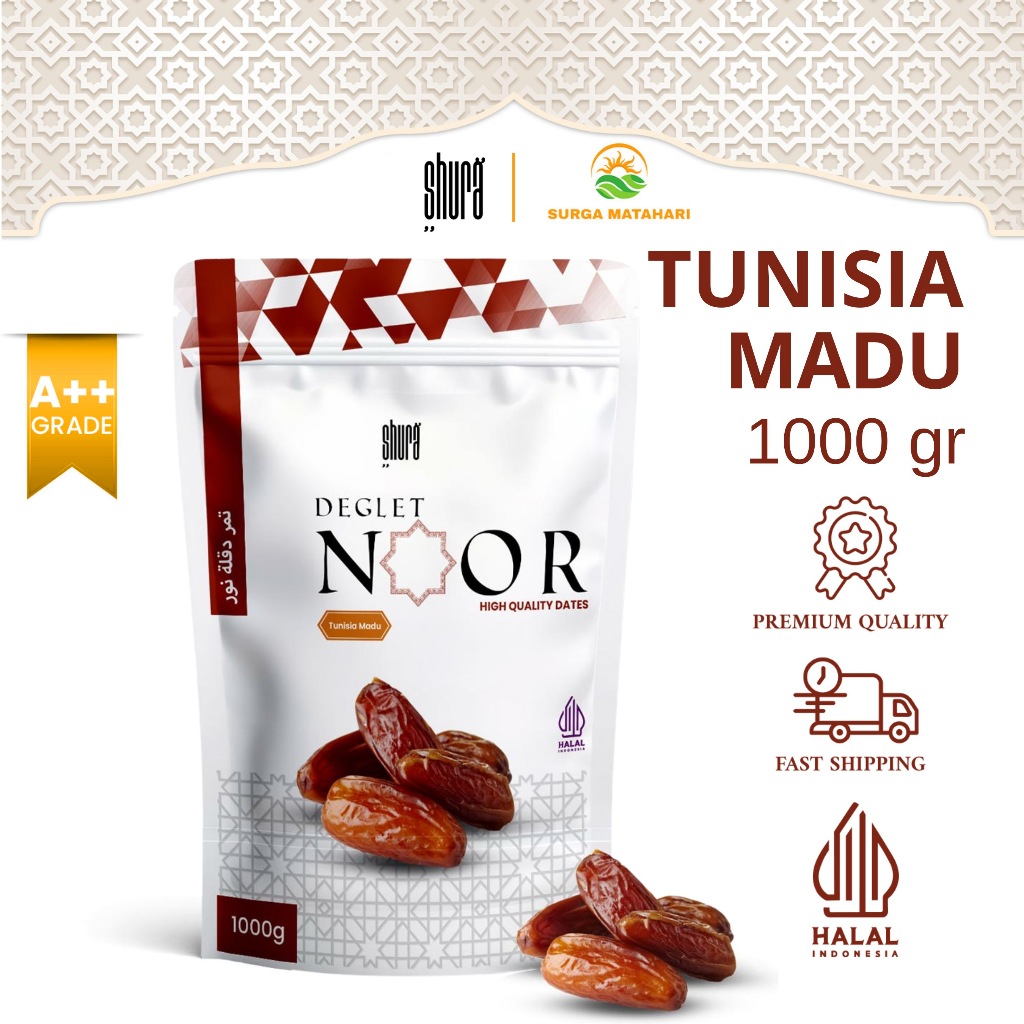 

Shura Kurma Tunisia 1000 Gram Deglet Noor Pouch Premium Original High Quality