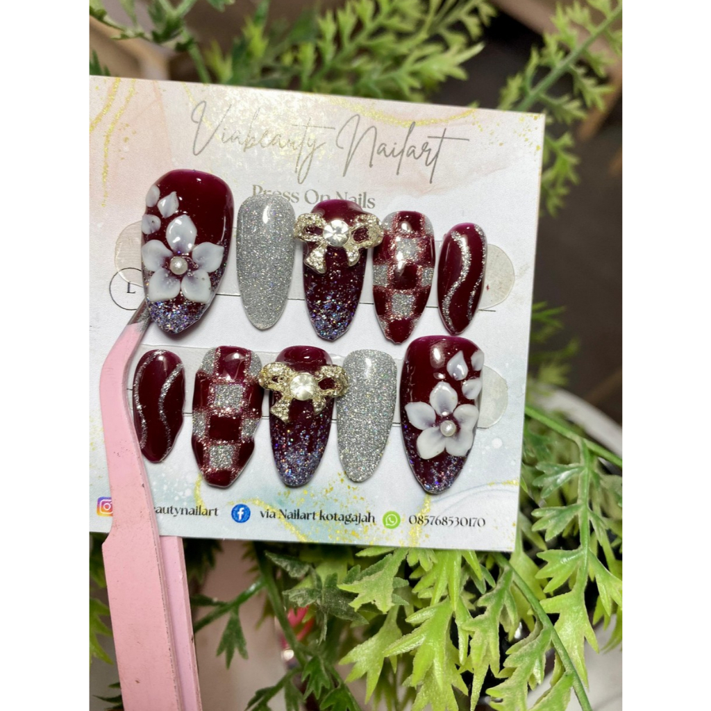 Press on nails / nailart motif bunga cantik / kuku palsu merah / Nailart murah /kuku palsu handmade 
