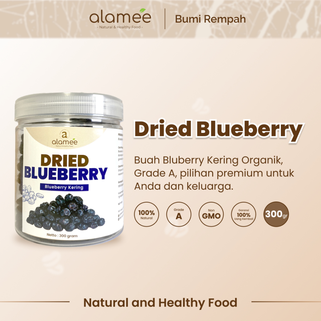 

ALAMEE Blueberry Kering Cemilan Buah Sehat Dried Fruit Blueberry Cemilan Rendah Kalori 300gr