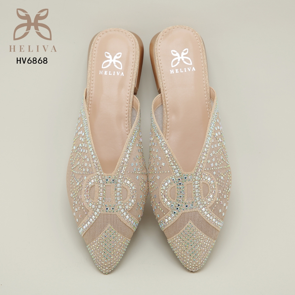 C212 GY Heliva JOWY Sepatu Mules Pesta Lancip Hak Tahu Sol 2cm Aksesoris Manik Bahan Mesh HV6868