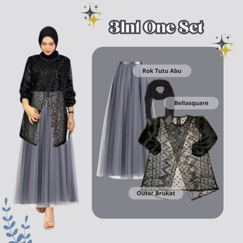 Setelan Kondangan Hari Raya One Set Rok Wanita Kekinian ( Rok Tutu + Tunik Silang Tulle + Hijab )
