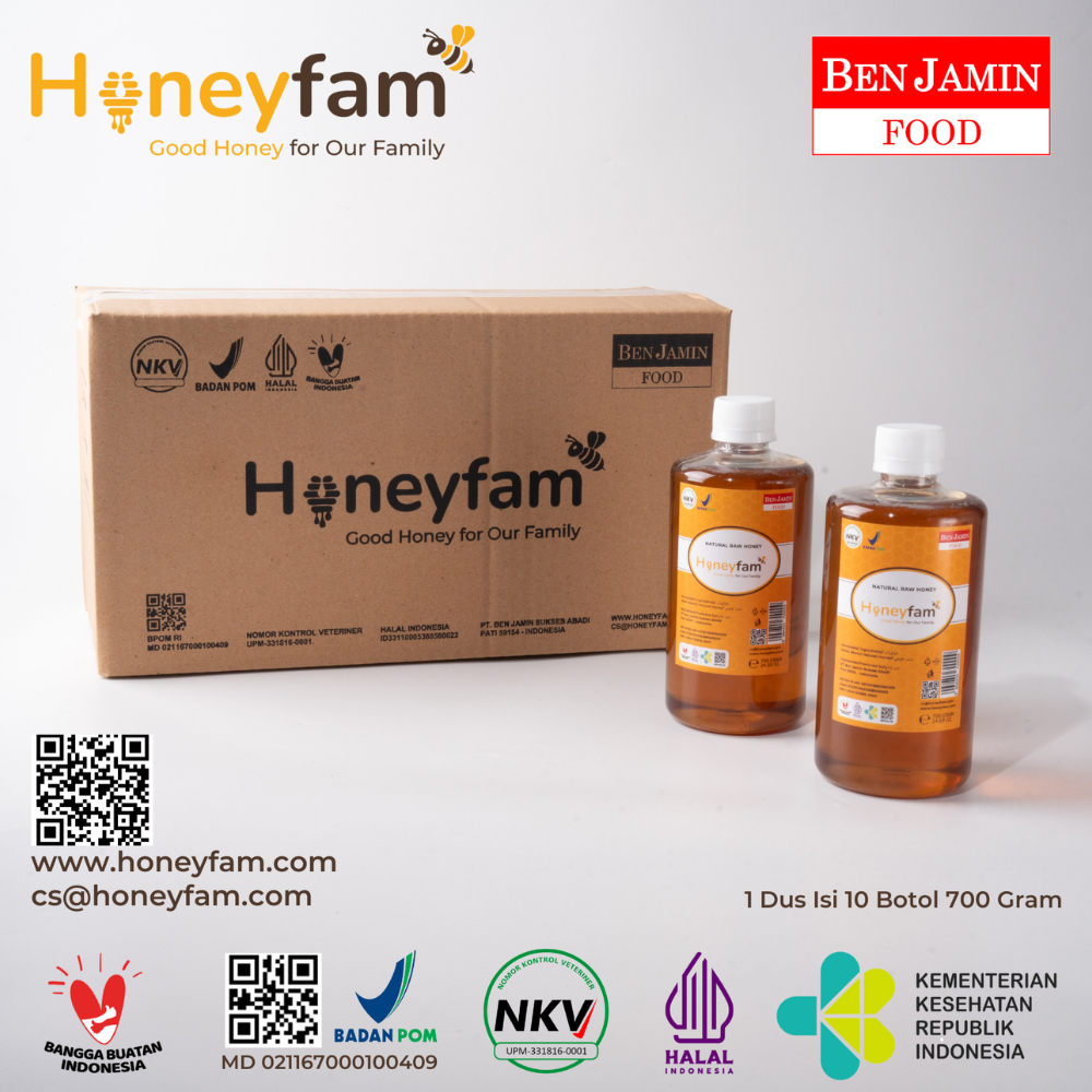 

HONEYFAM Madu Asli / Kemasan 700 Gram / 1200 Gram/ 1 Dus Isi 10 Botol / Madu Murni