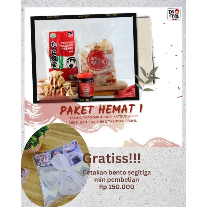 

Paket bahan takoyaki premix DNFOOD SUPER HEMAT(1 tepung takoyaki premix 480gr, 1 saus takoyaki 200ml, 1 katsuobushi 35gr)