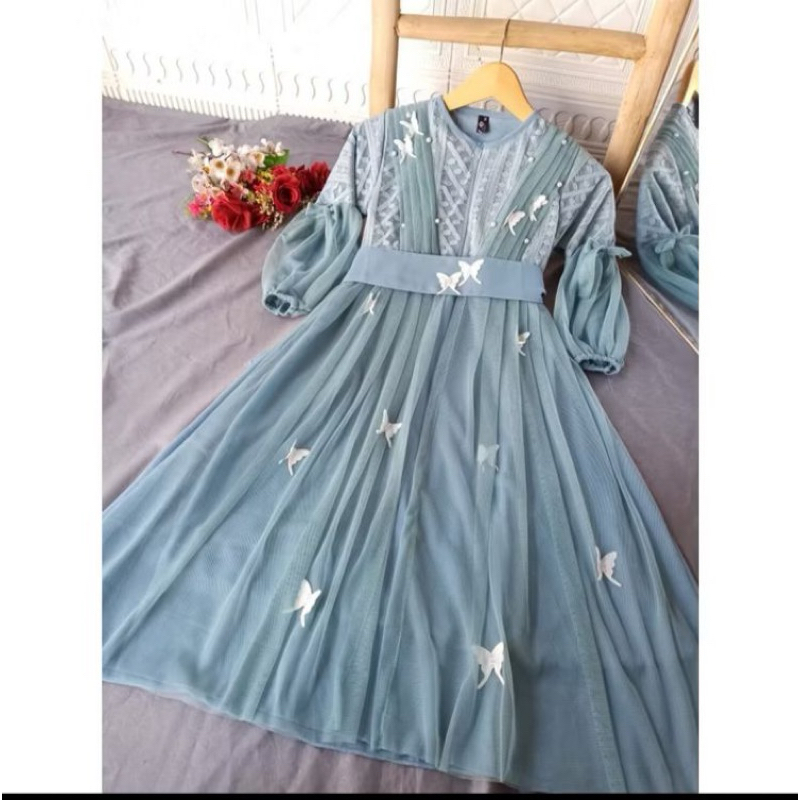 GAMIS CERUTY BURKAT|| TILLE BUTTERFLY|| GAMIS PESTA||FASHION WANITA,BAJU GAMIS MEWAH,GAMIS TERBARU 2