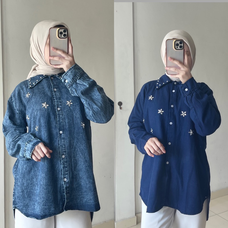 MS- Gracia Atasan Kemeja Levis Mutiara Lucu Kekinian Wanita Terbaru Termurah Baju Casual