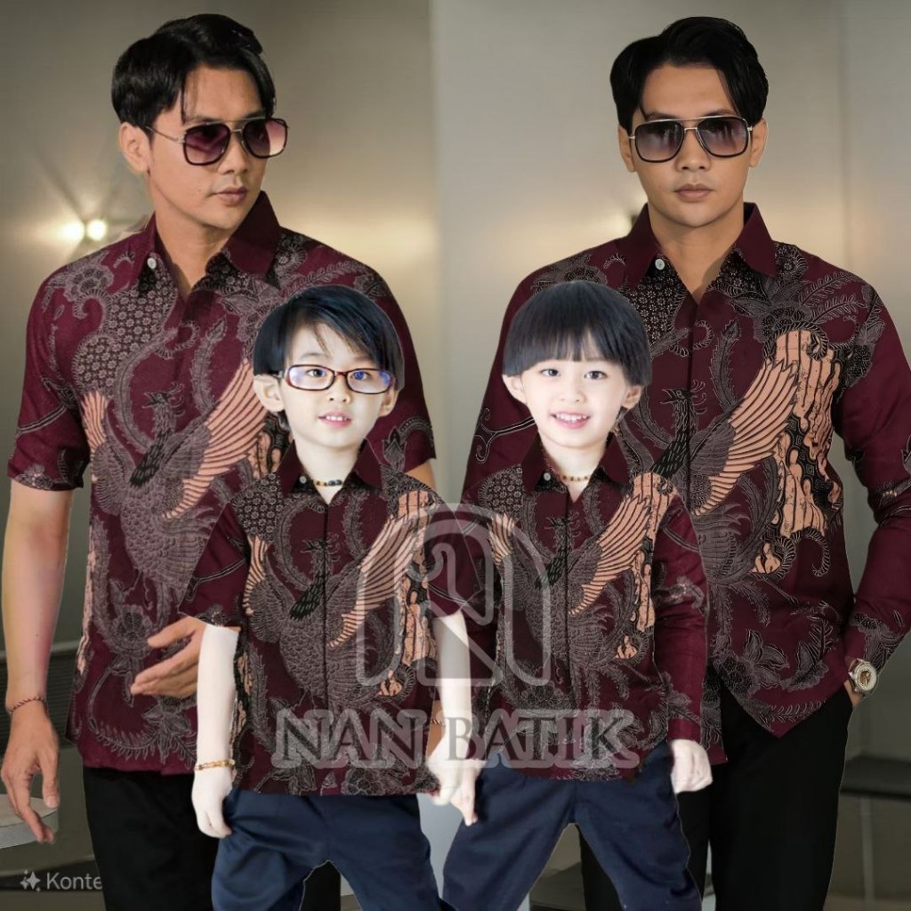 KEMEJA BATIK PRIA LENGAN PANJANG DAN PENDEK DEWASA ANAK LAKI LAKI WARNA BURGUNDY MOTIF SOANG