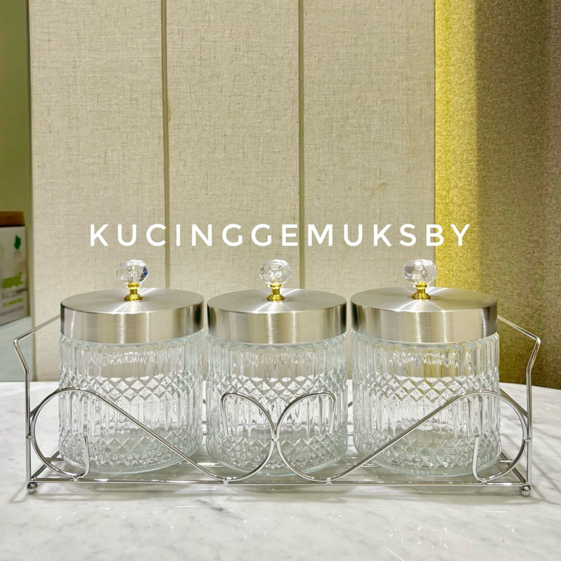 Toples Kaca Set model baru untuk Lebaran Idul Fitri Tutup Stainless + Rak
