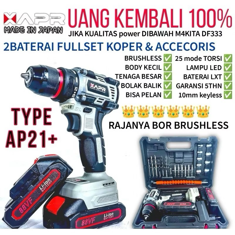 Bor cordless APR JAPAN type AP 21+  mesin bor baterai multifungsi